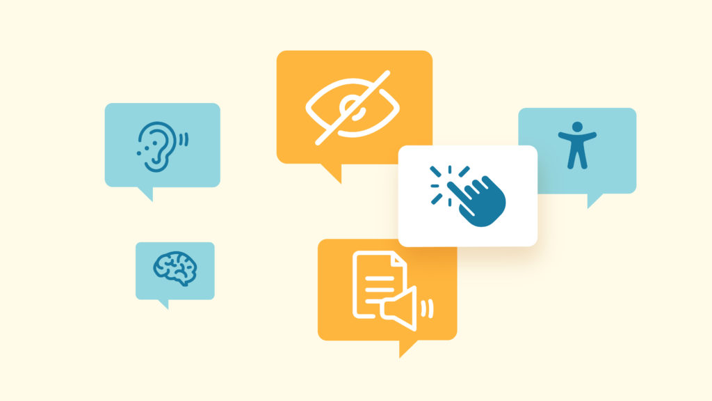Image with word bubble-shaped icons depicting a person, a brain, lack of sight, hearing, and a point and click icon.
