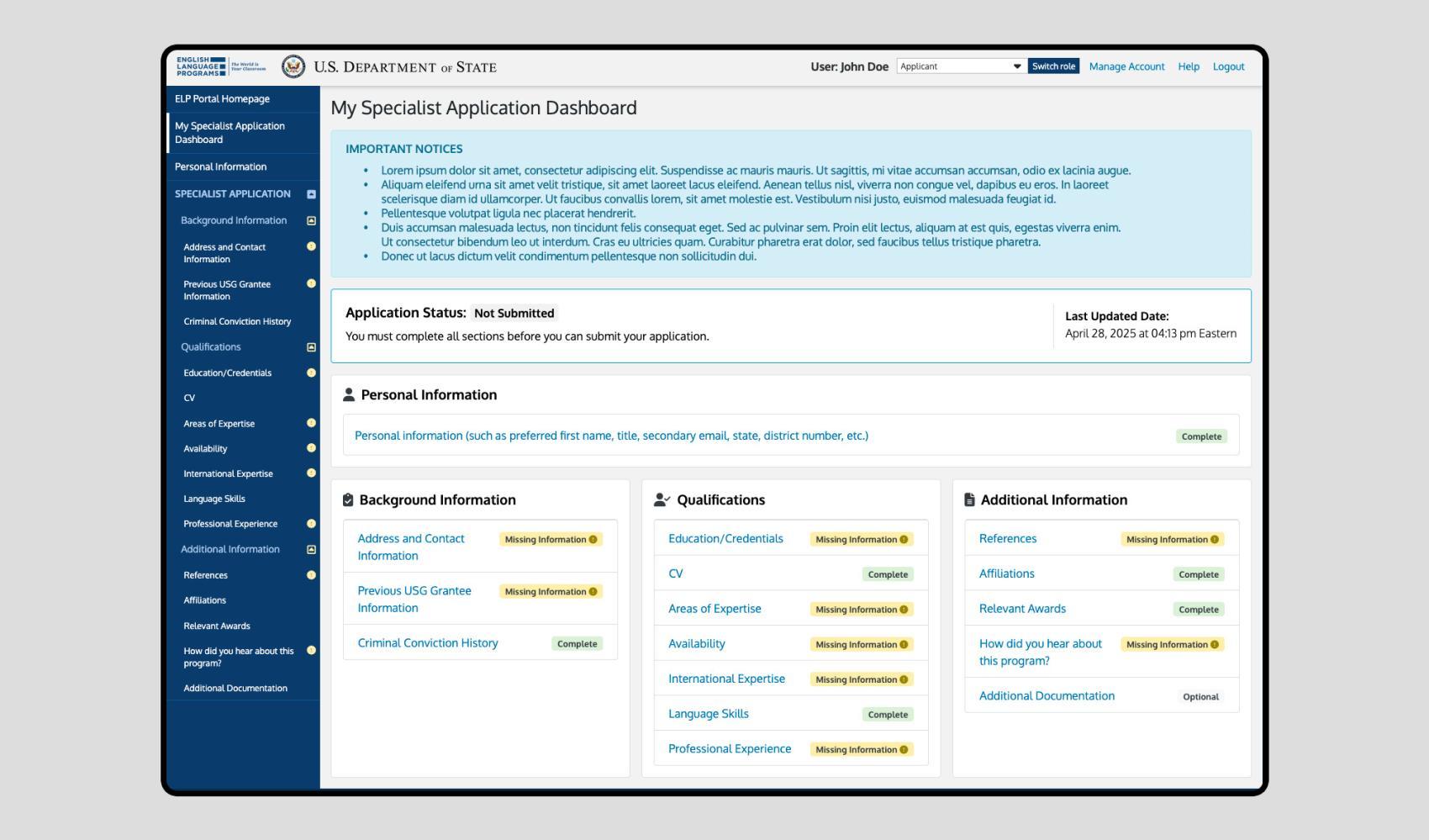 Specialist Application Dashboard